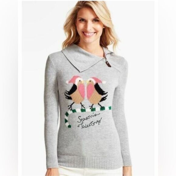 Talbots Christmas Sweater Birds Cowl Zip Lambswool Wool Gray Large Petite LP - Picture 1 of 4